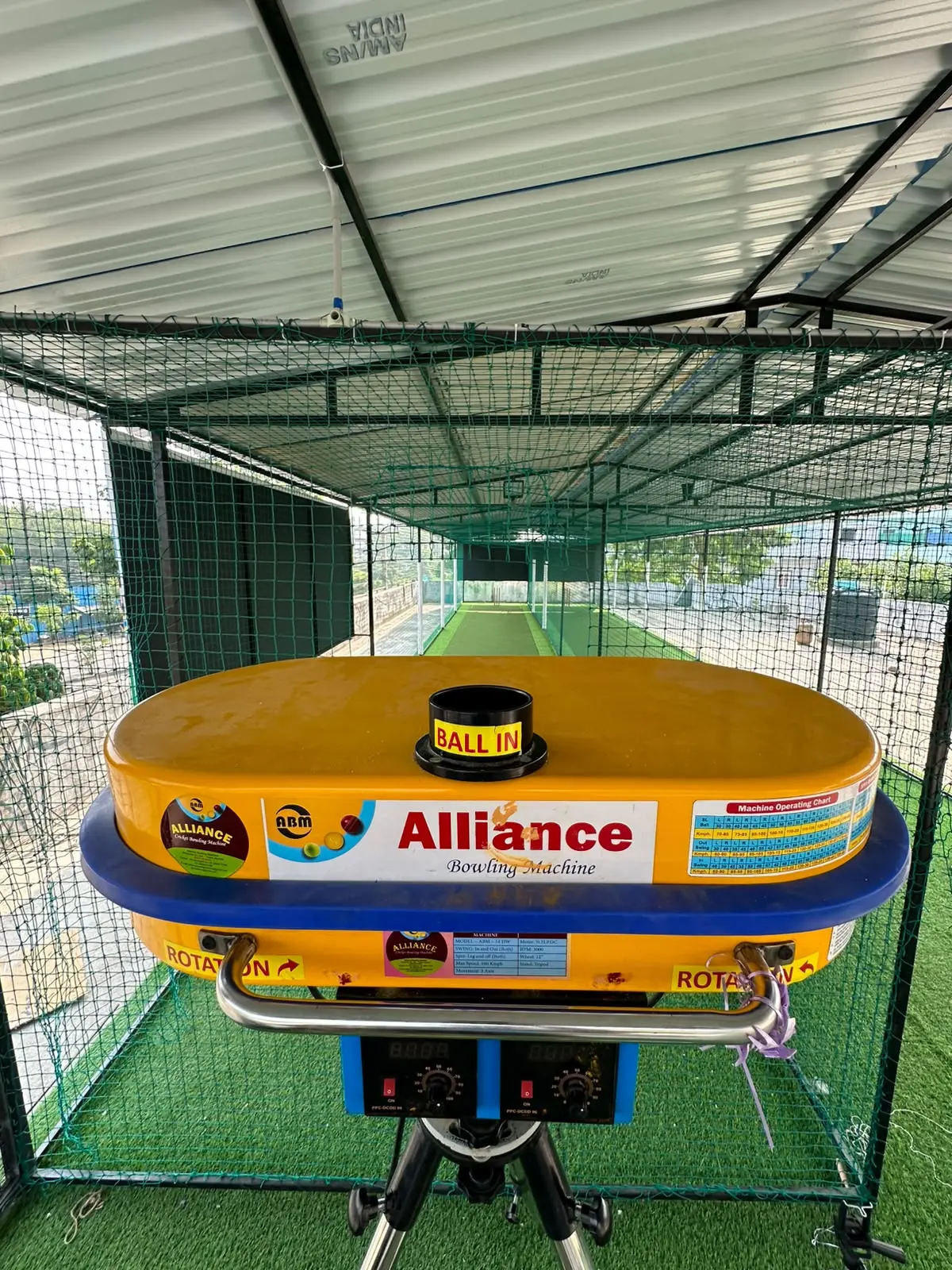 High speed Alliance bowling machine set up inside the cricket net at Super Over